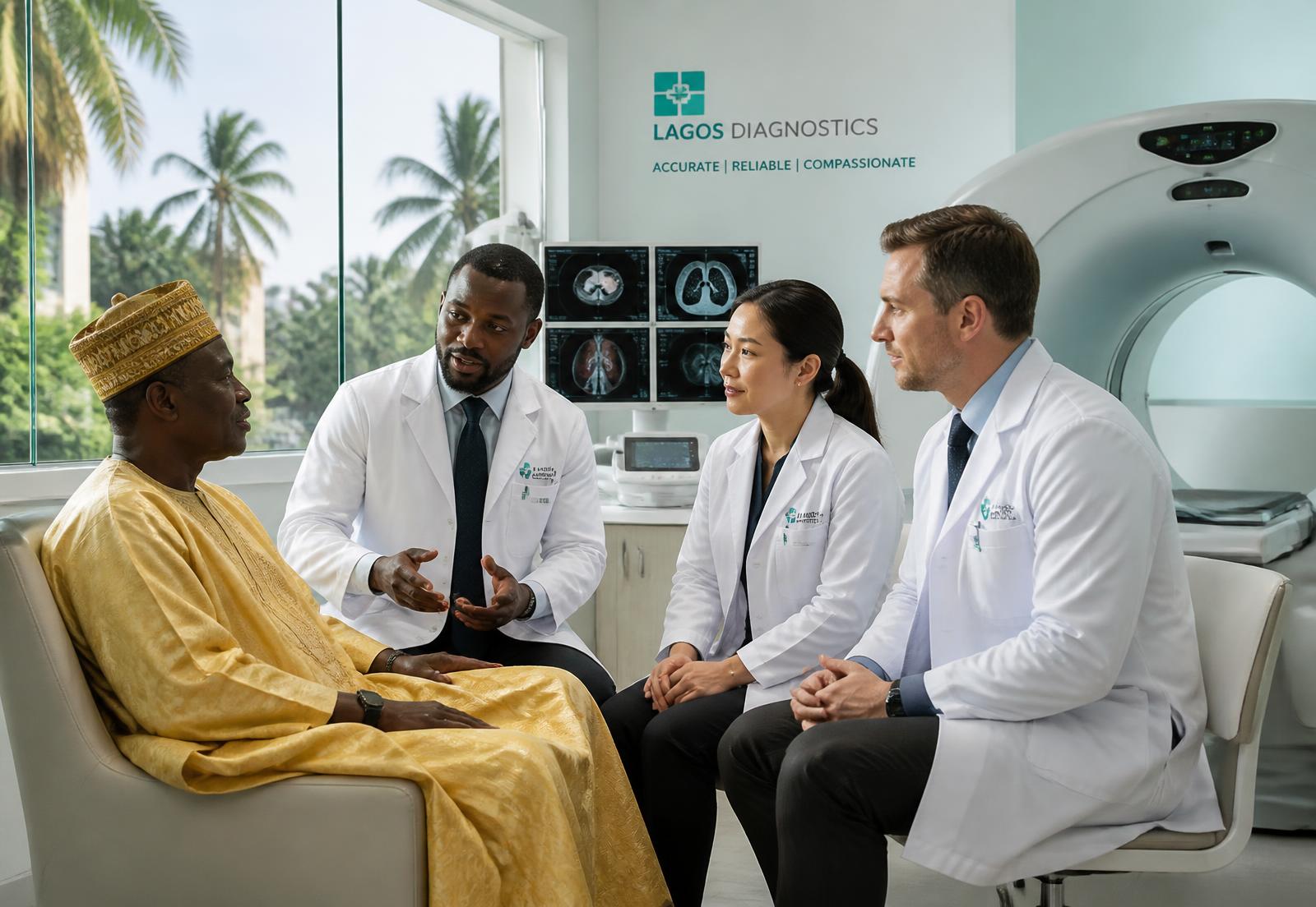 An international care team of Nigerian, East Asian and European clinicians consulting with a patient in a Lagos diagnostic clinic